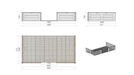 Abri de jardin en bois - 6x6 m + terrasse avec balustrade et avant-toit en bois - 54 m2