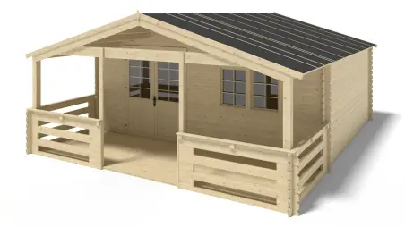 Abri de jardin en bois - 6x5 m + terrasse avec balustrade et avant-toit en bois - 42 m2