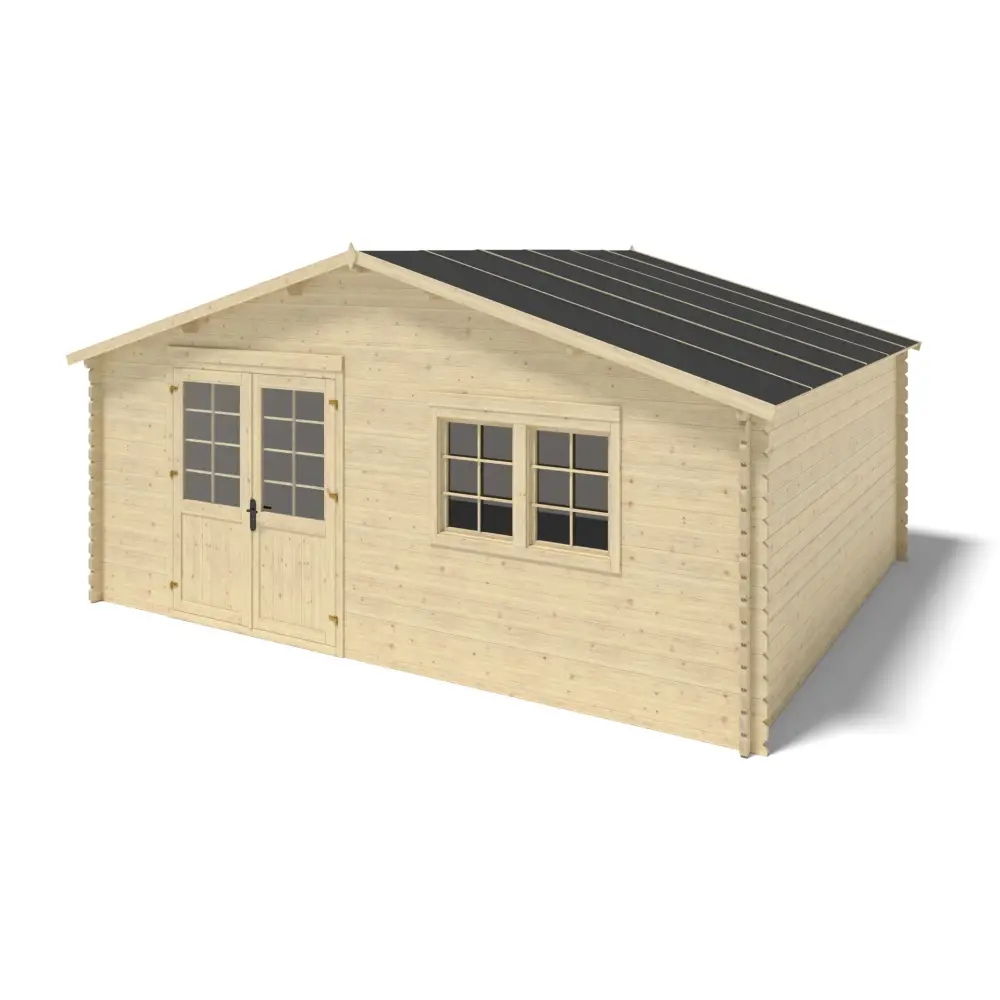 Abri de jardin en bois - 6x5 m + terrasse avec balustrade et avant-toit en bois - 42 m2