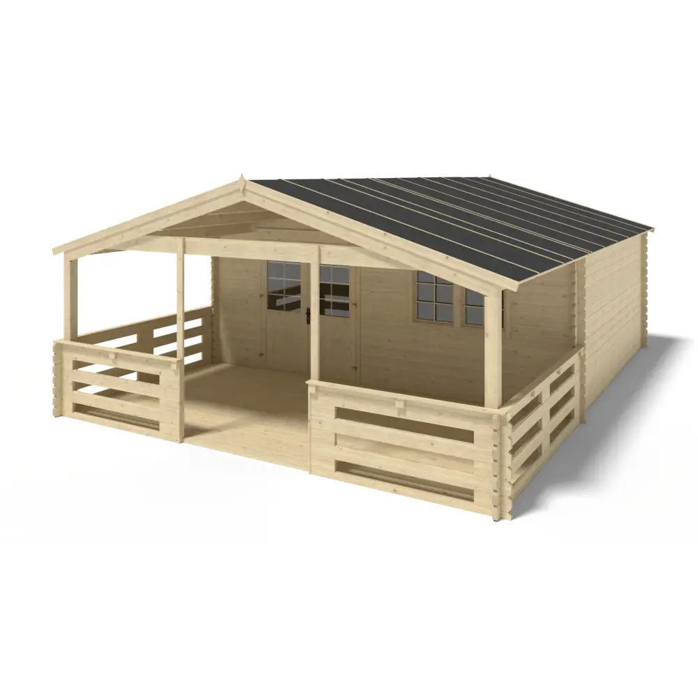 Abri de jardin en bois - 6x5 m + terrasse avec balustrade et avant-toit en bois - 48 m2