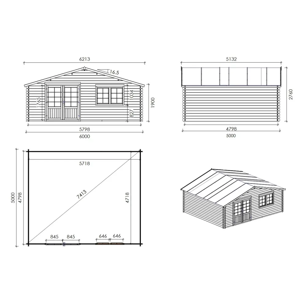 Abri de jardin en bois - 30m2 - 6x5m - Ep. 40mm - Couleur: naturel