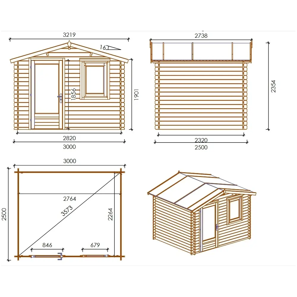 Abri de jardin en bois - 7.5m2 - 3x2.5m - Ep. 28mm - Couleur: naturel