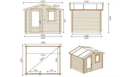 Abri de jardin en bois - 7.5m2 - 3x2.5m - Ep. 28mm - Couleur: naturel