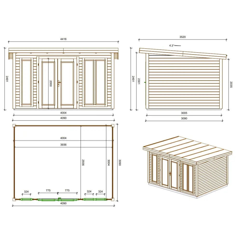 Abri de jardin en bois Kira 4,04x3,09m - 12m2 - Ep. 34mm