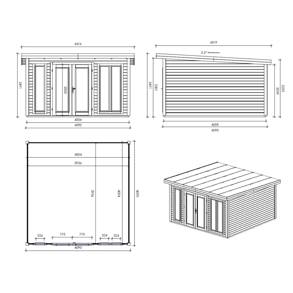 Abri de jardin en bois Kira 4,04x4,09m - 12m2 - Ep. 34mm