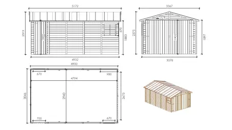 Garage en bois - 14.94m2 - 3.05x4.93m - Ep. 18mm - couleur: marron