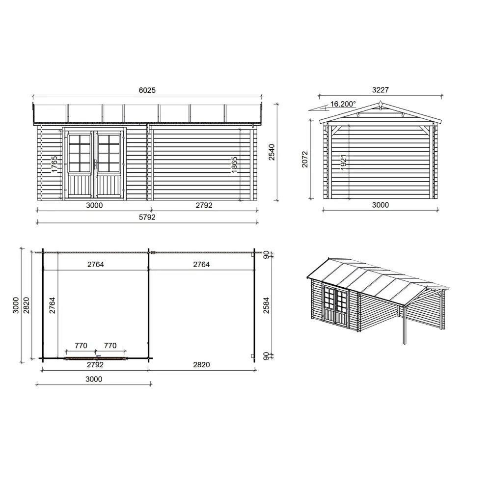 Abri de jardin en bois - 18m2 - 5.79x3m - Ep. 28mm - Couleur: naturel