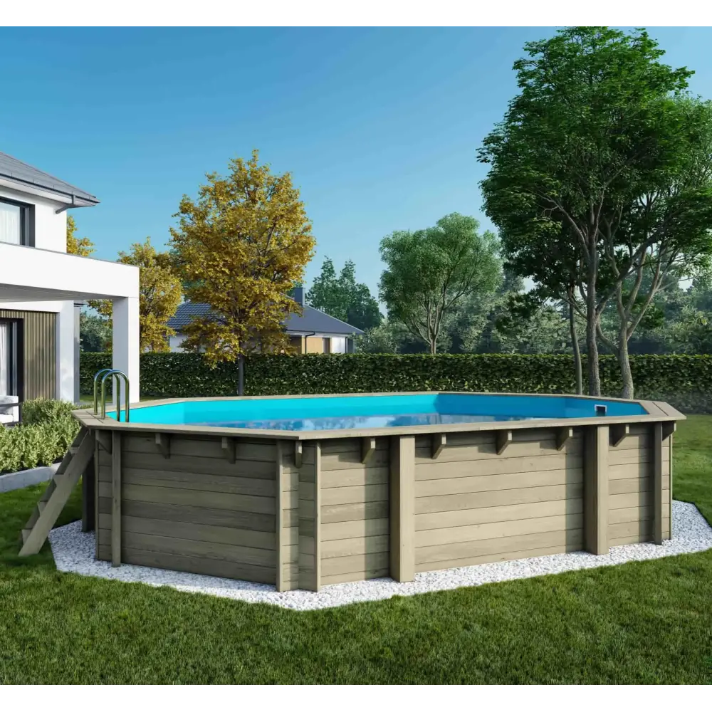 Piscine en bois 6.57x4.07 - H.1.2 m cadre en métal, sans dalle béton