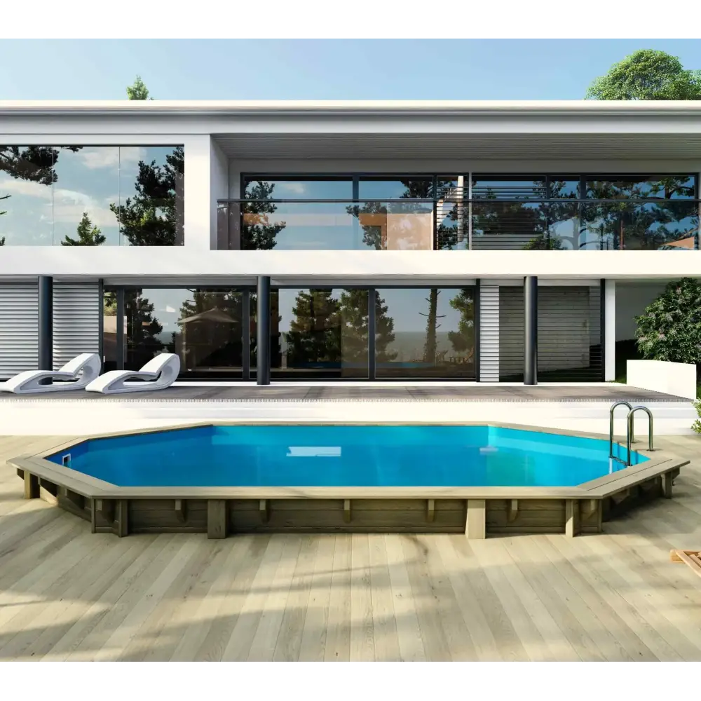 Piscine en bois 6.57x4.07 - H.1.2 m cadre en métal, sans dalle béton