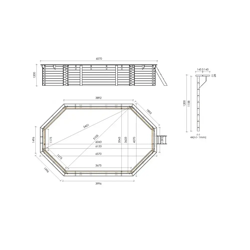 Piscine en bois 6.57x4.07 - H.1.2 m cadre en métal, sans dalle béton
