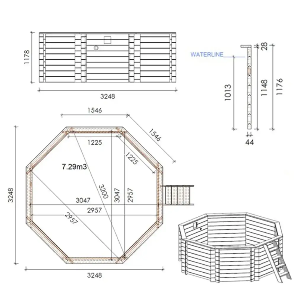 Piscine en bois Coral 3.25x3.25 - H.1.18 m autoportante