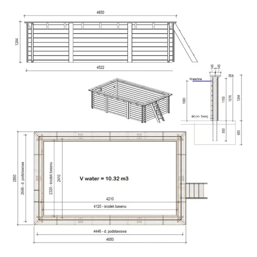 Piscine en bois Aqua 4.65x2.85 - H.1.24 m fixations à sceller