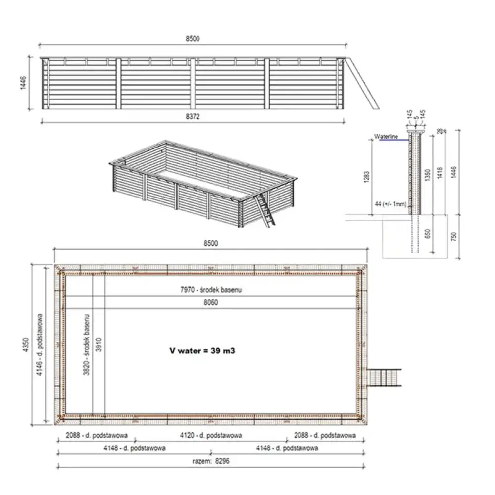 Piscine en bois Aqua 8.5x4.35 - H.1.45 m fixations à sceller