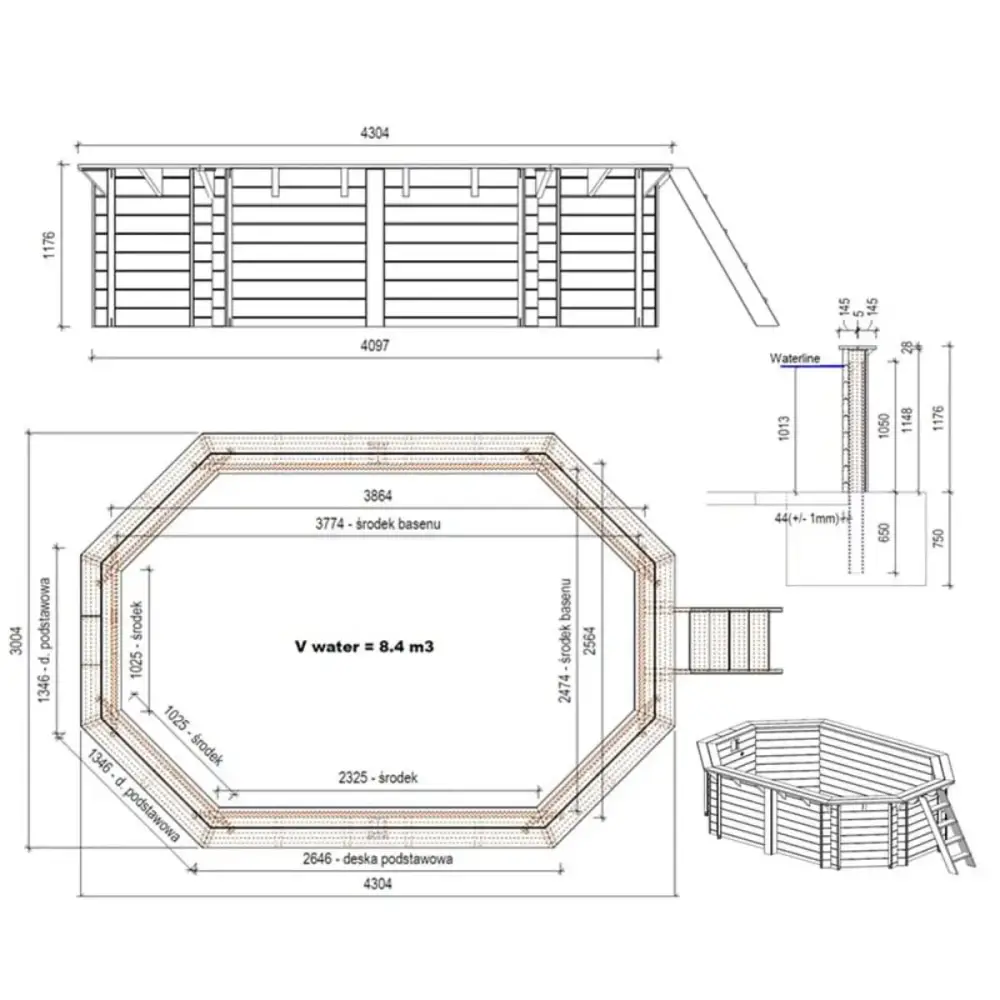 Piscine en bois Nemo 4.3x3 - H.1.18 m fixations à visser