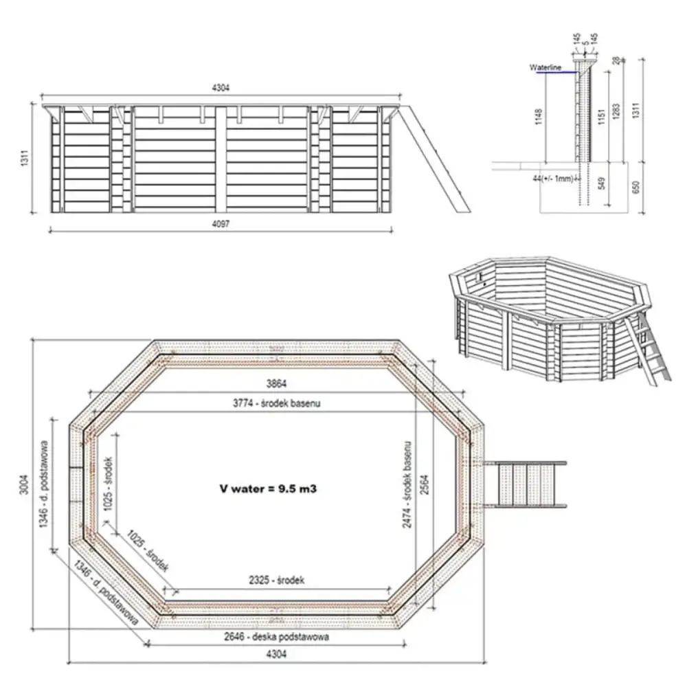 Piscine en bois Nemo 4.3x3 - H.1.31 m cadre en métal, sans dalle béton