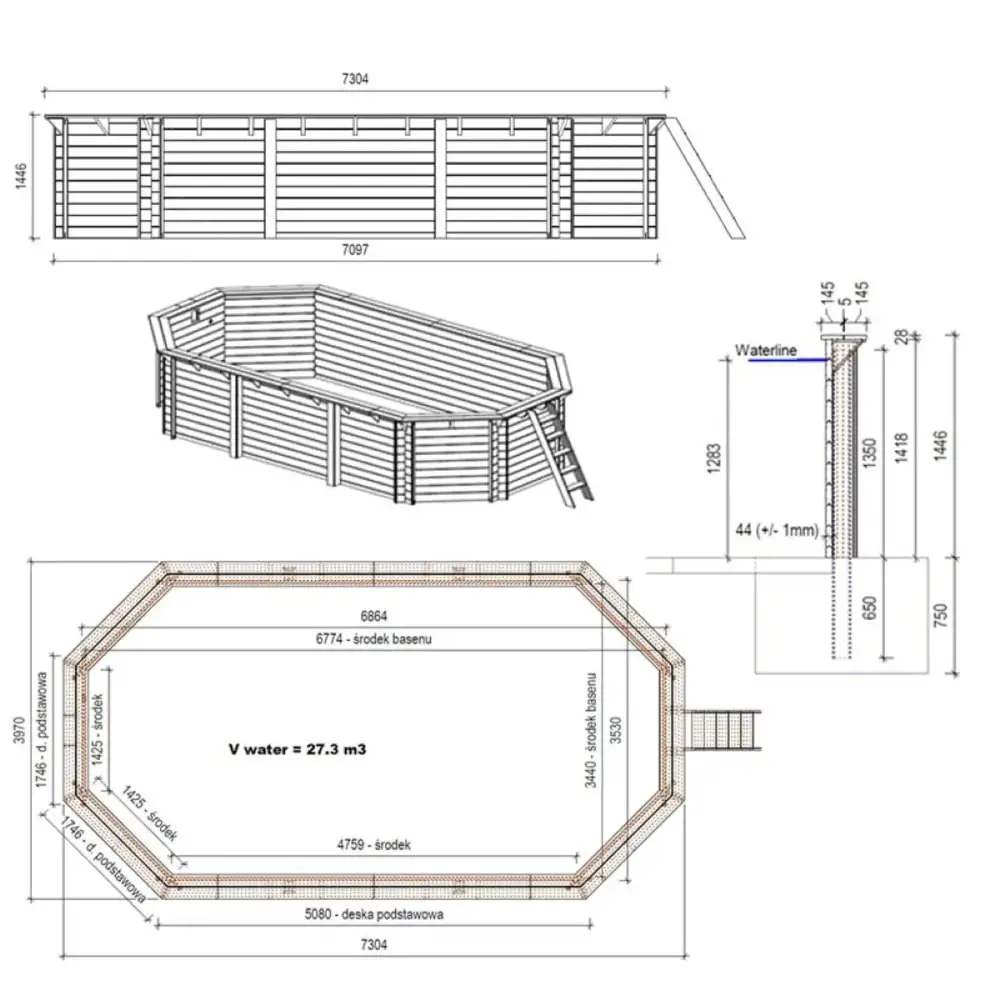 Piscine en bois Nemo 7.3x3.97 - H.1.45 m fixations à visser
