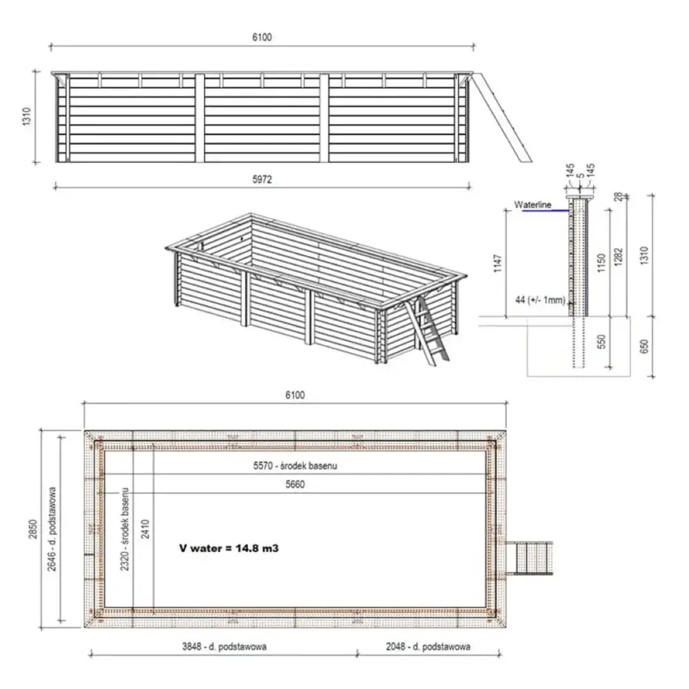 Piscine en bois Aqua 6.1x2.85 - H.1.31 m cadre en métal, sans dalle béton