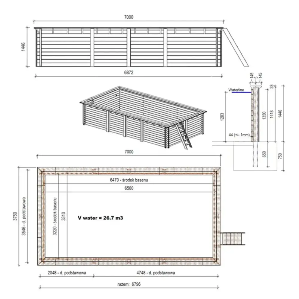 Piscine en bois Aqua 7x3.75 - H.1.45 m cadre en métal, sans dalle béton