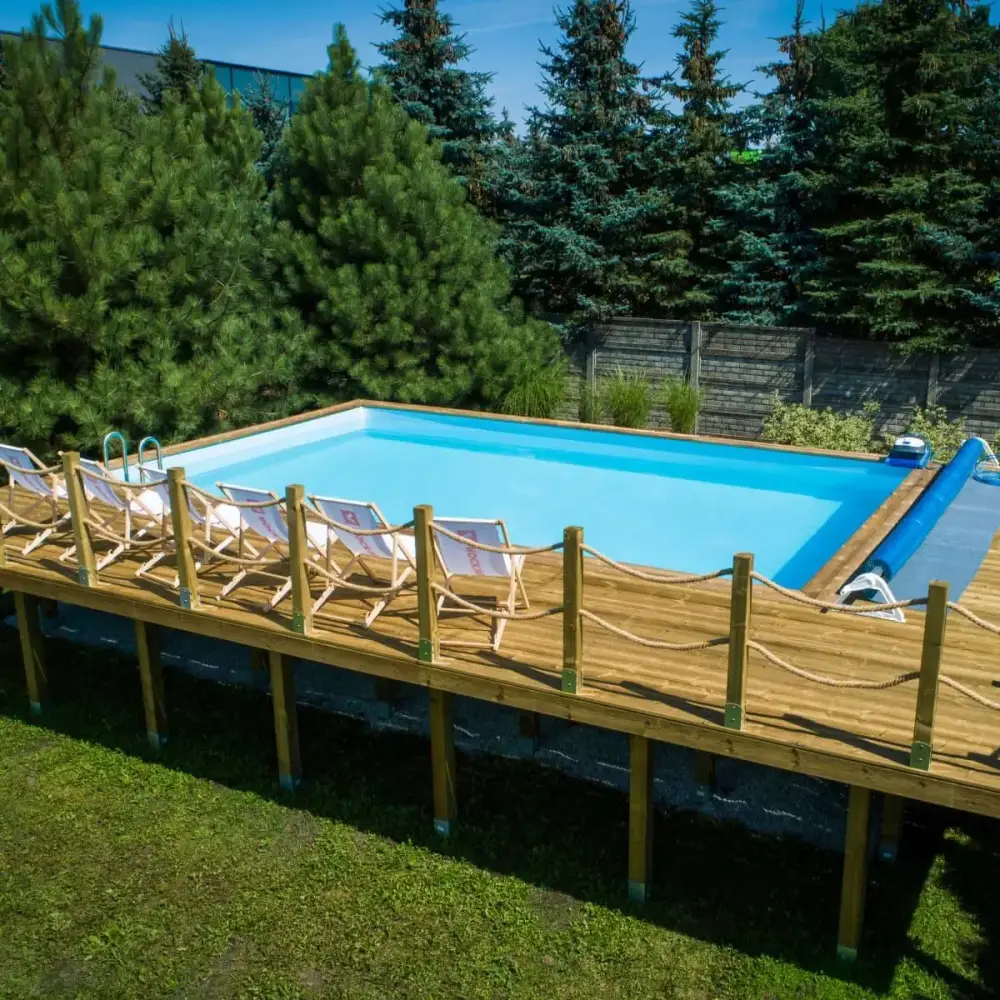 Piscine en bois Aqua 8.5x4.35 - H.1.45 m cadre en métal, sans dalle béton
